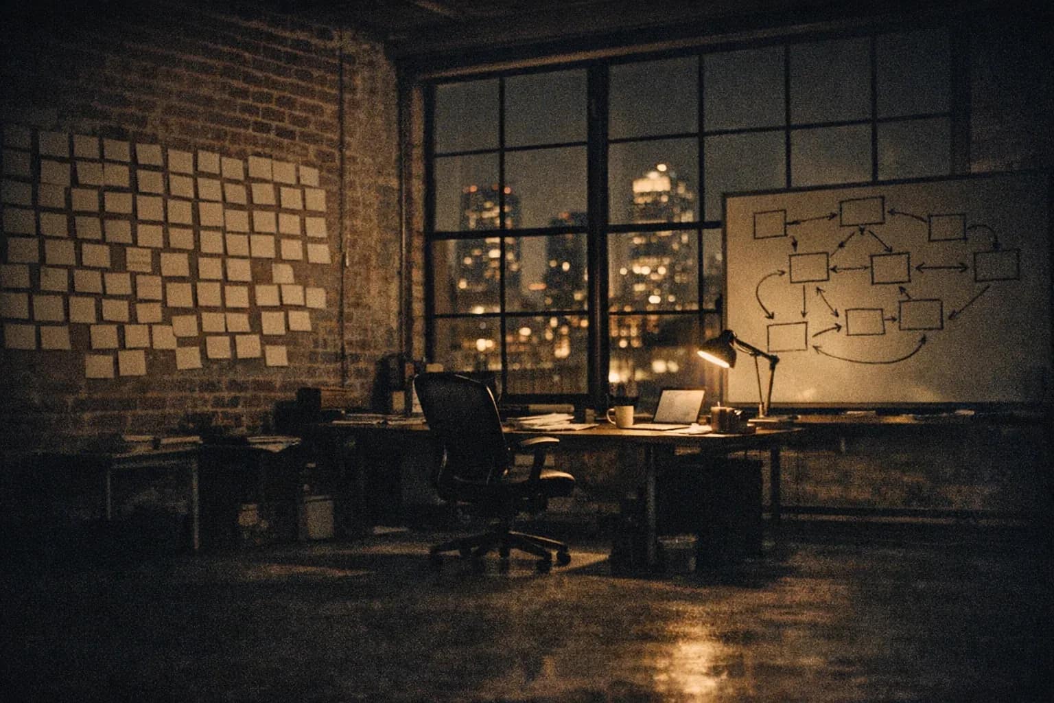 A warehouse office late at night: one lamp, a wall of index cards, city lights beyond