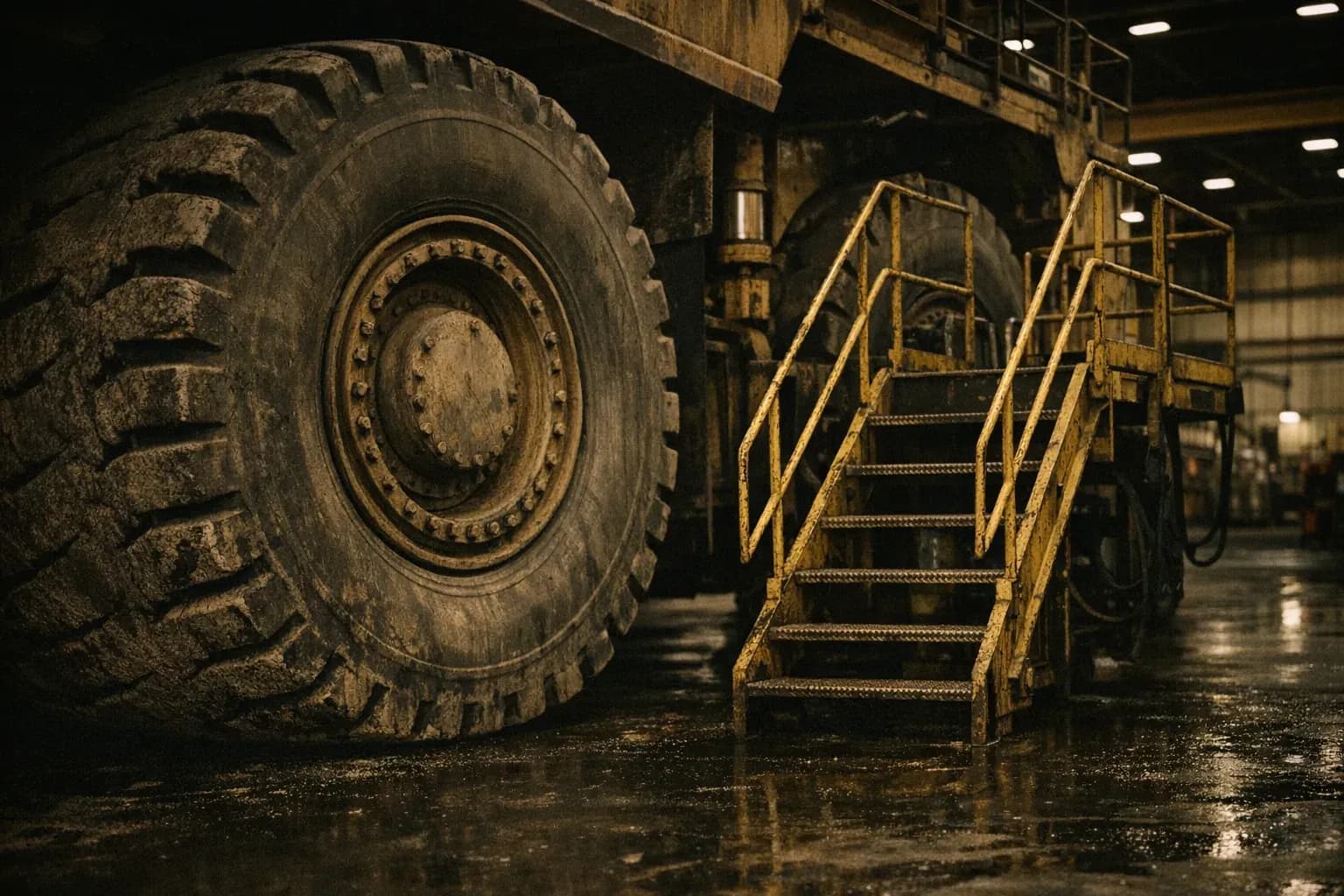 A haul truck wheel and access stairs in a workshop bay