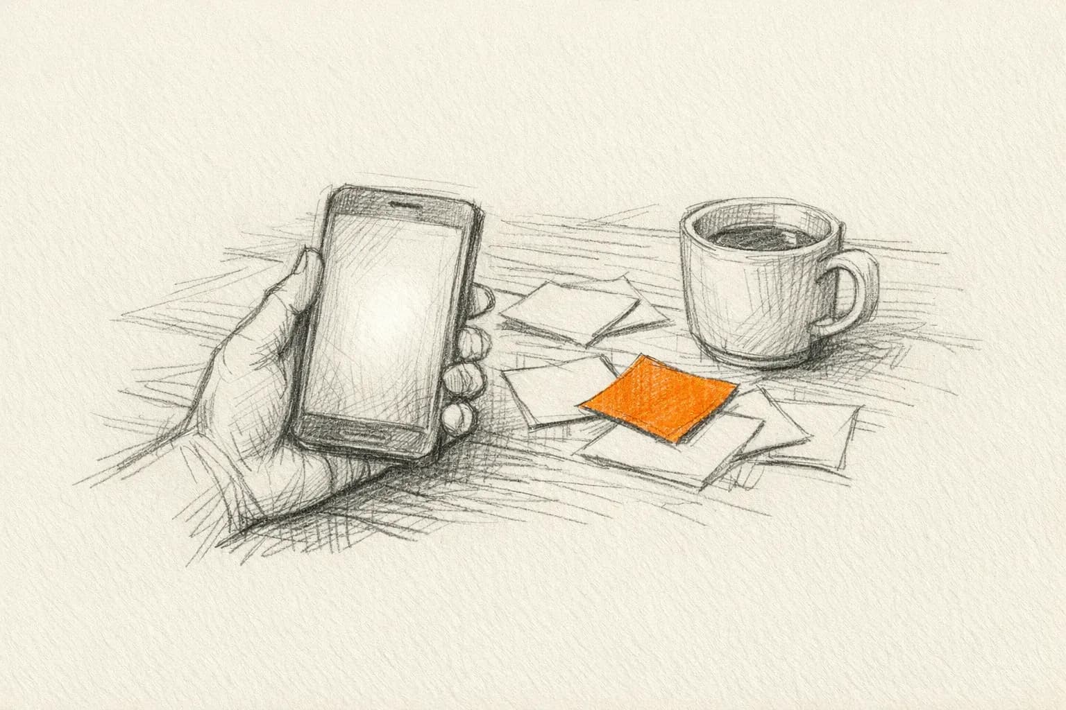 Pencil sketch: a hand testing an early app prototype on a phone beside sticky notes