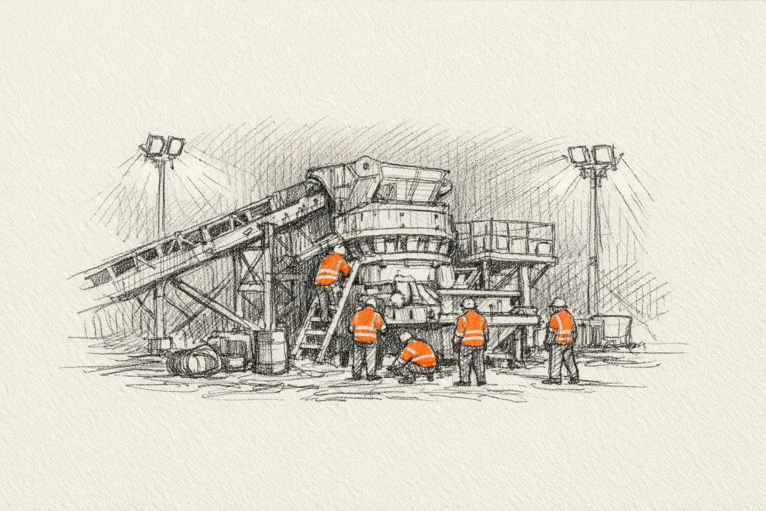 Pencil sketch: a night shutdown: maintenance crew in hi-vis under floodlights around a crusher, seen from a distance