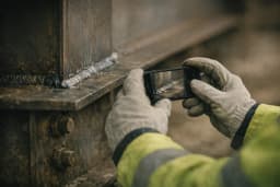 A site inspector photographing a weld joint with a phone, hands only