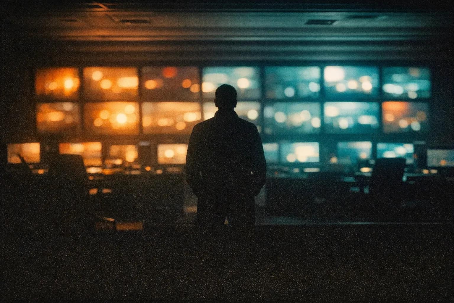 An operations room at night: one figure before a wall of glowing monitors