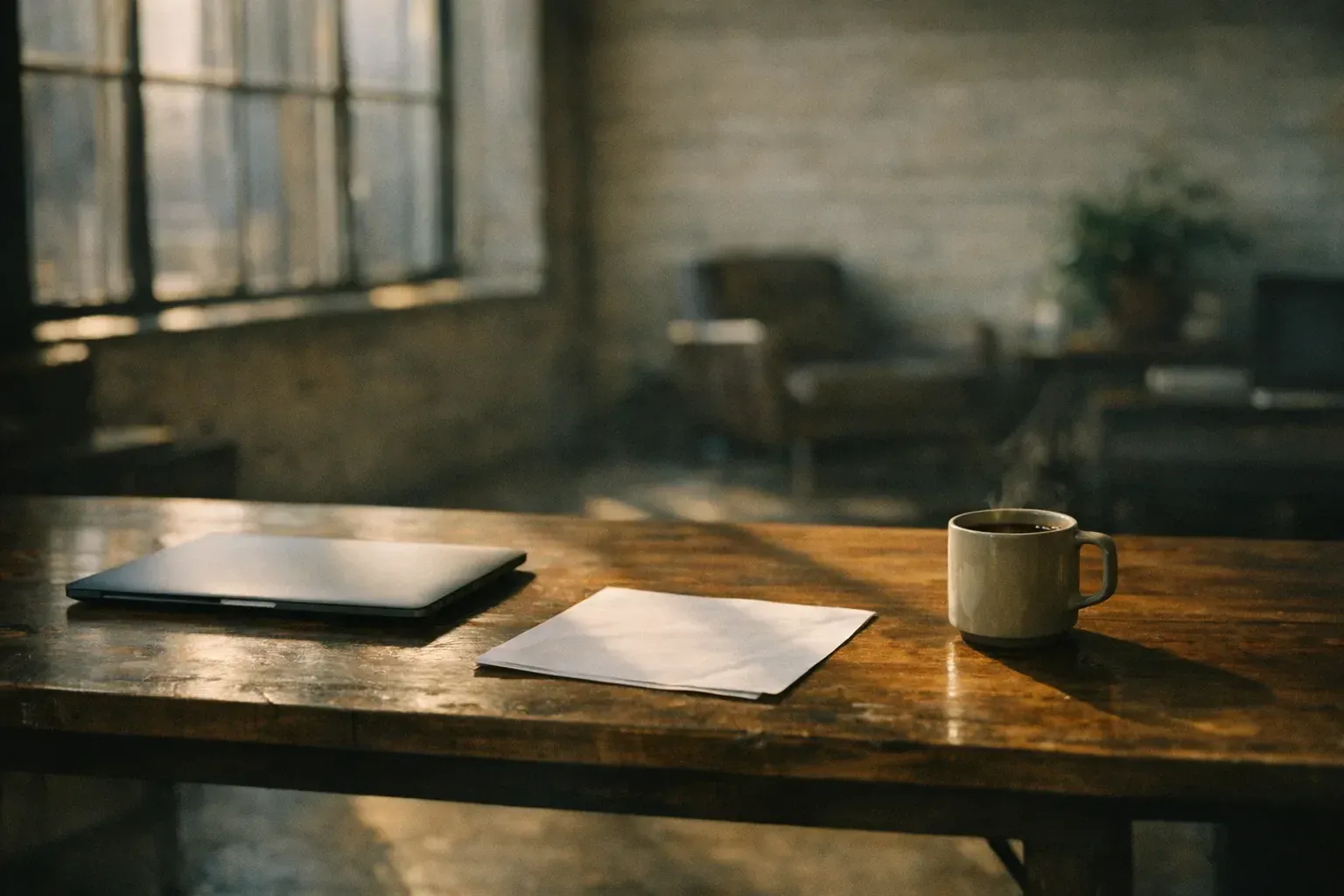 A founder’s desk the morning after a funding round: closed laptop, printed cap table, coffee, early light