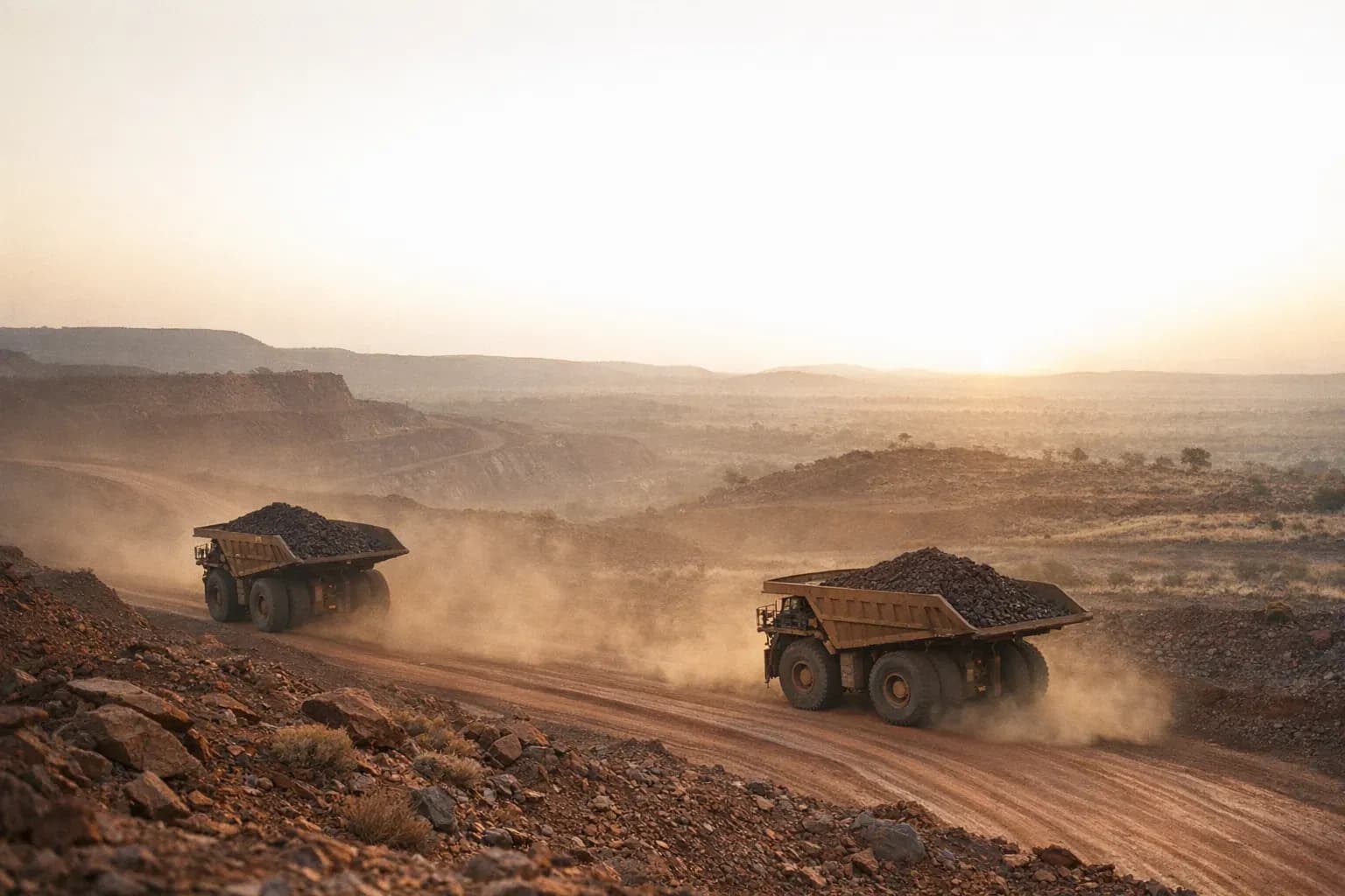 Iron ore haul trucks on a red-earth haul road at dawn